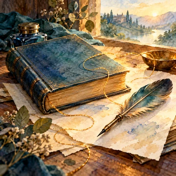 Imagen simbólica: Un libro de relatos, una pluma y una hebra dorada sobre papel.