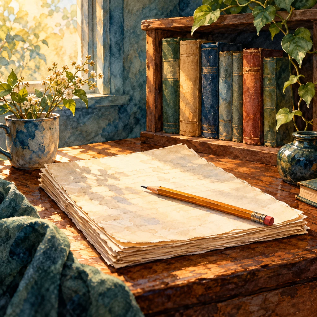 Imagen simbólica: Un lápiz sobre un manuscrito y un pequeño estante de libros.