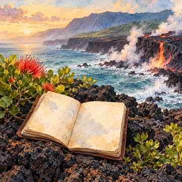 Ilustración simbólica: Un cuaderno abierto ante una costa de lava y mar.