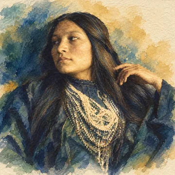 Retrato ilustrado de Zitkala-Ša, de cabello largo y mirada elevada, basado en la fotografía de Joseph Turner Keiley de 1898.