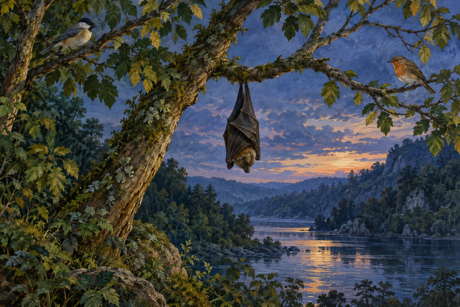 Un murciélago cuelga de una rama entre dos aves separadas, sobre un río al atardecer.