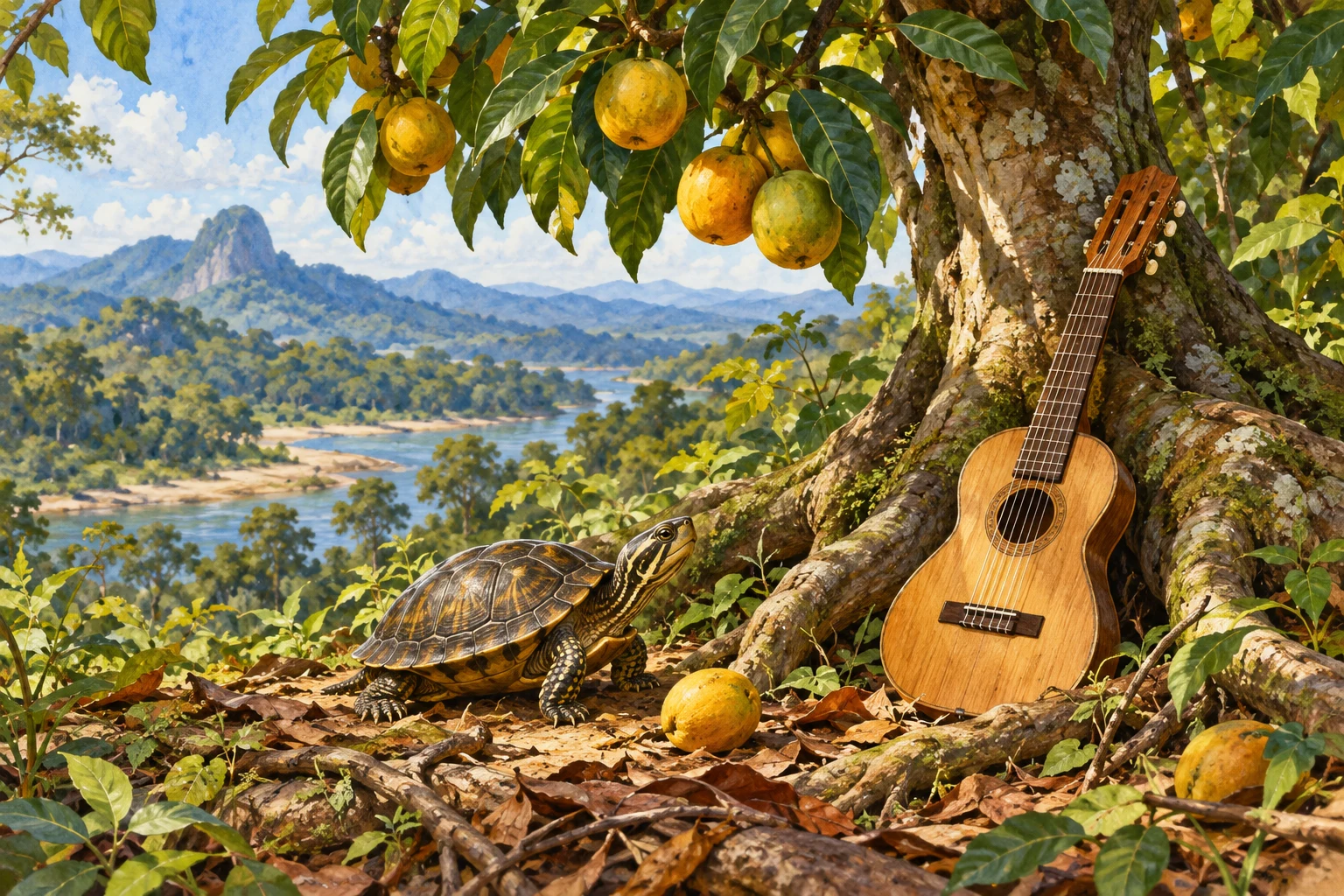 Un galápago junto a una guitarrita de madera y un árbol frutal, con un río al fondo.