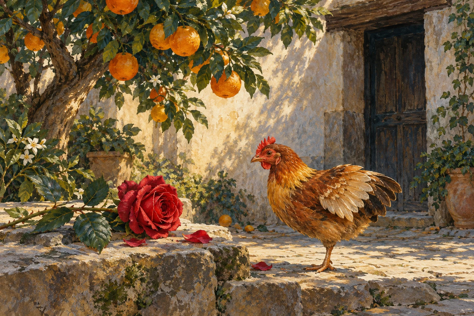 Un naranjo da sombra a un patio, con una rosa roja sobre una piedra y un pequeño pollo apoyado en una pata.