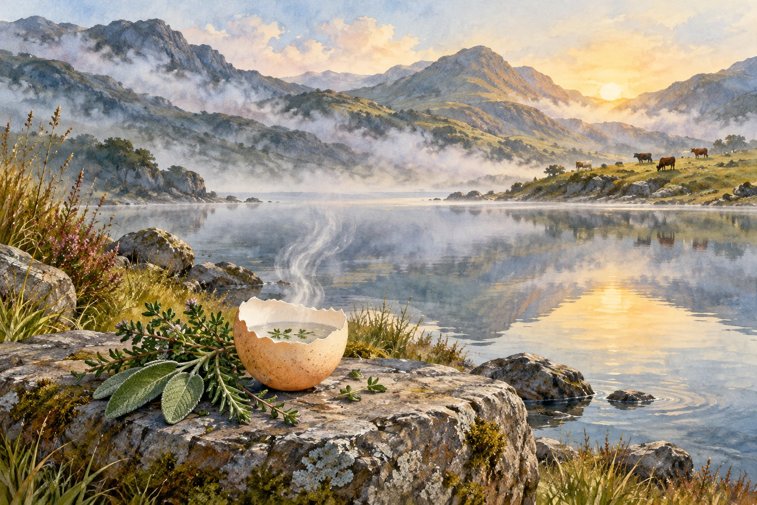 Una cáscara de huevo usada como pequeña olla ante un lago de montaña, con ganado en la orilla distante.