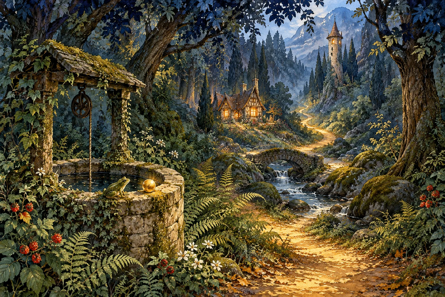 Un sendero dorado atraviesa un bosque encantado entre un pozo, una casa y una torre.