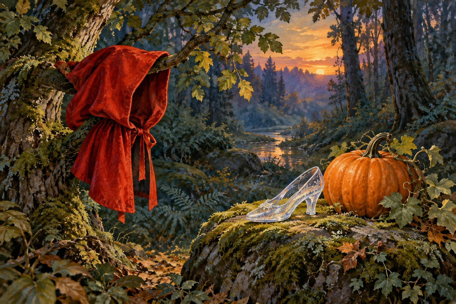 Una capucha roja cuelga de una rama; una zapatilla de vidrio y un zapallo descansan en una piedra del bosque.