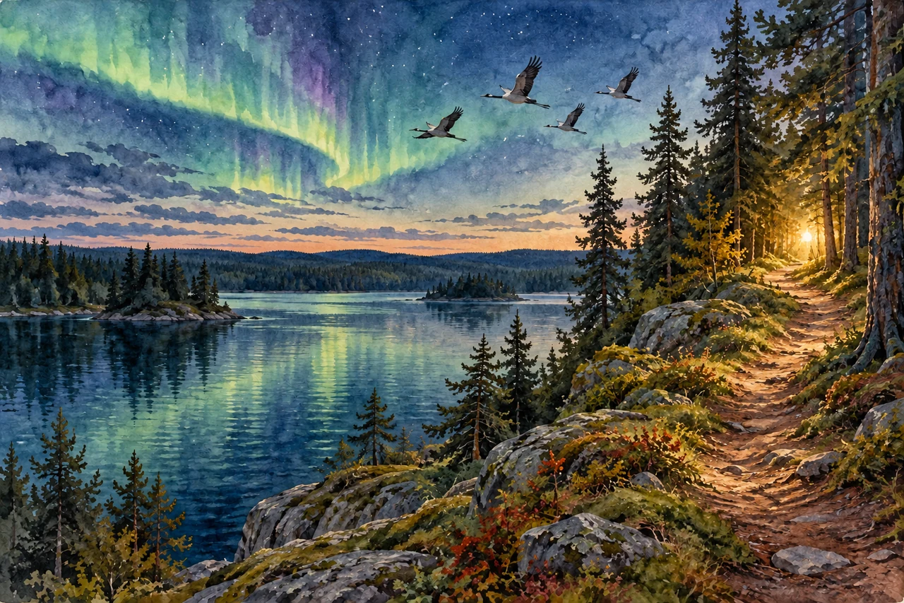Aves sobre un lago y un sendero de bosque bajo la luz de una aurora.