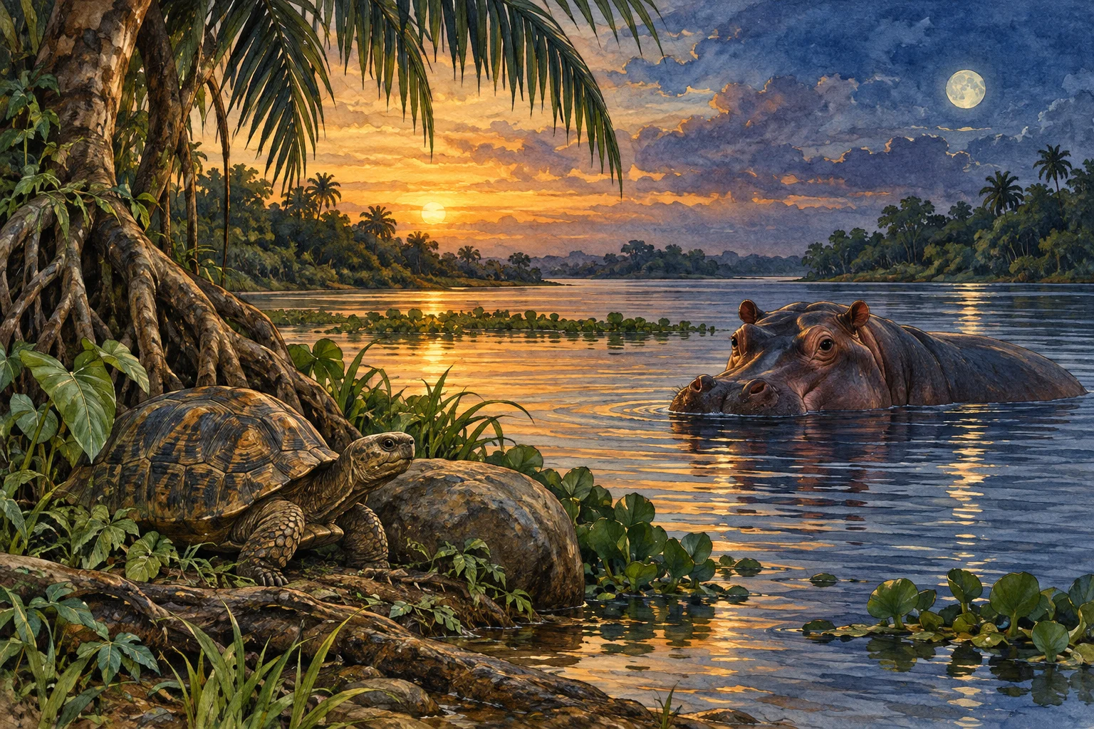 Una tortuga junto a una palmera y un hipopótamo en el río, entre la luz del atardecer y la luna.
