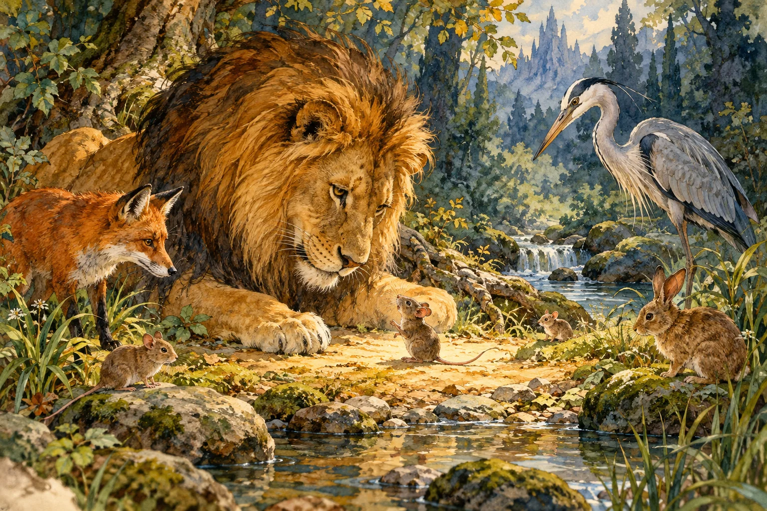 Un león se acerca a un ratón entre una zorra, una grulla y otros animales del bosque.