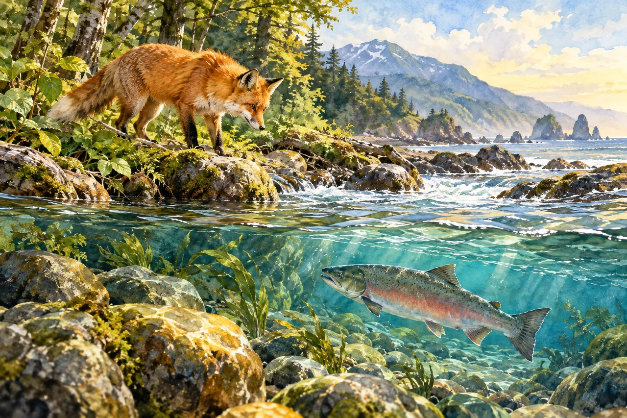 Un zorro observa un río de bosque donde se distingue un salmón bajo el agua.