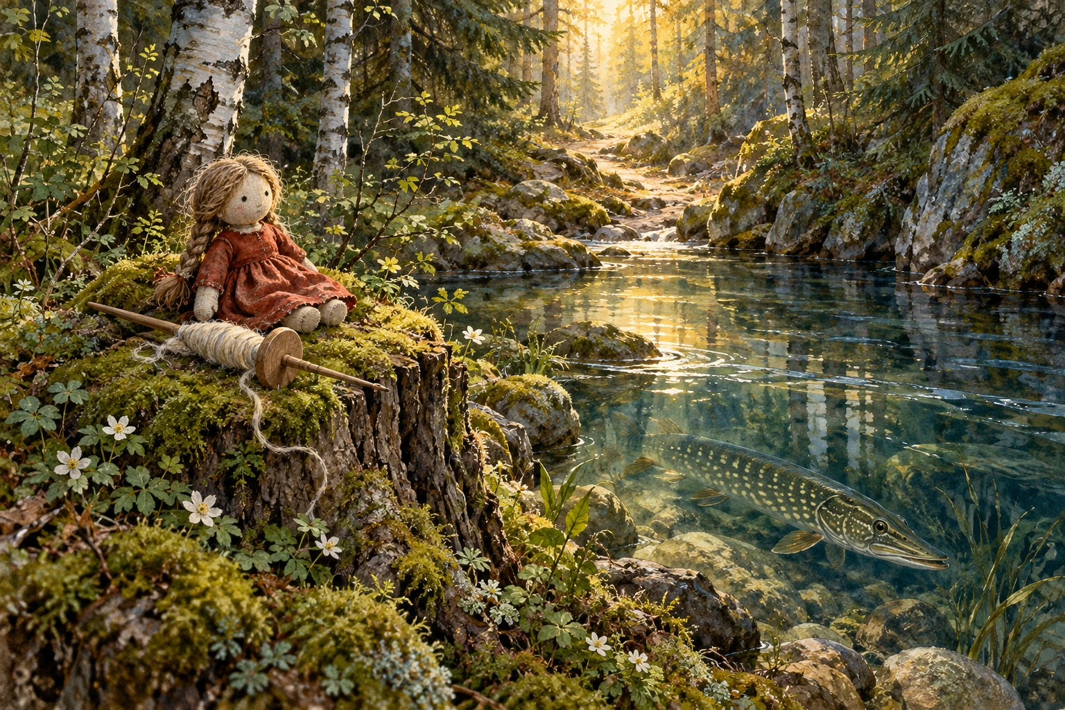Una muñeca y un huso sobre un tronco, junto a un lucio en el agua y un sendero de bosque.