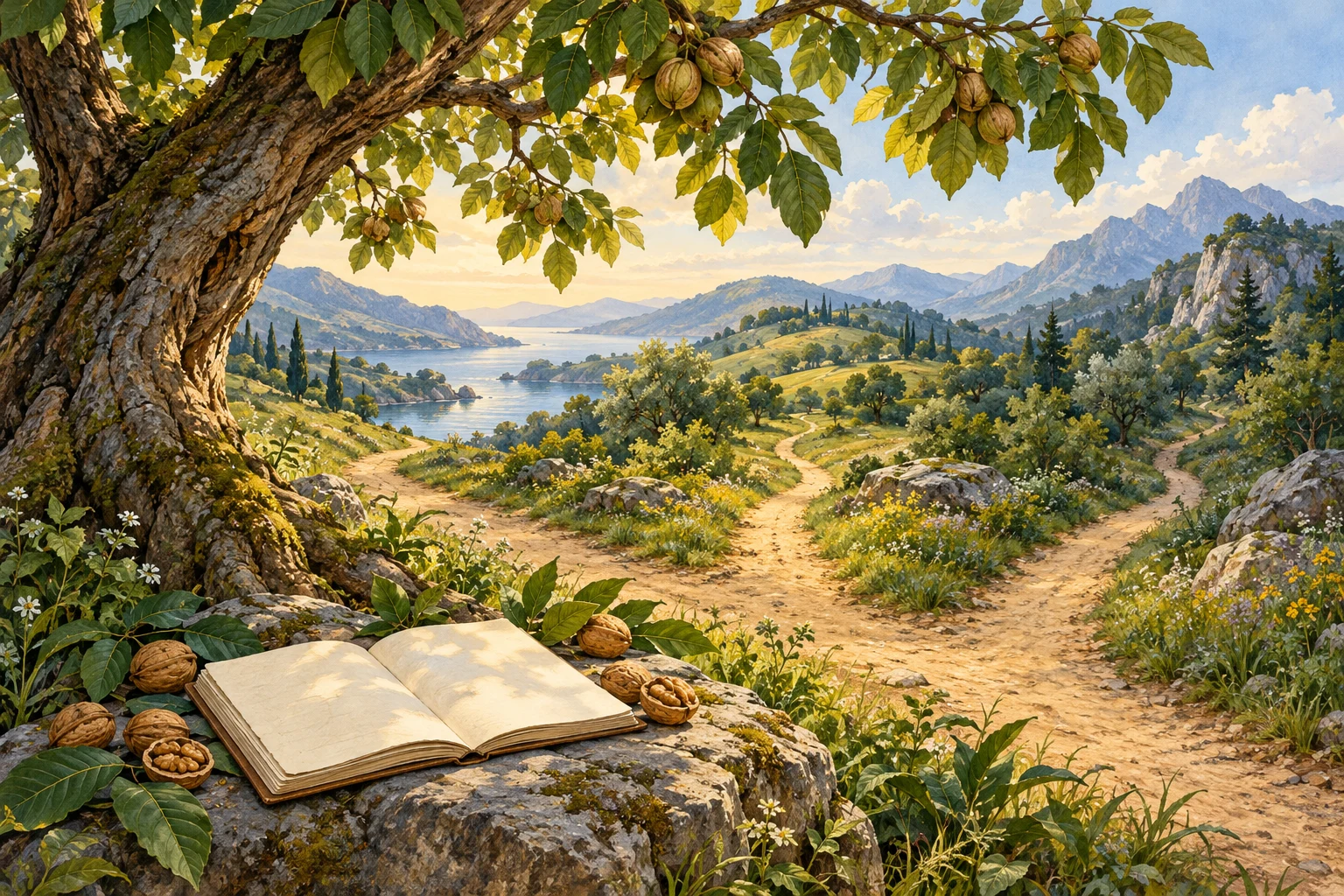 Un cuaderno abierto y nueces al pie de un nogal, junto a tres senderos que se separan.