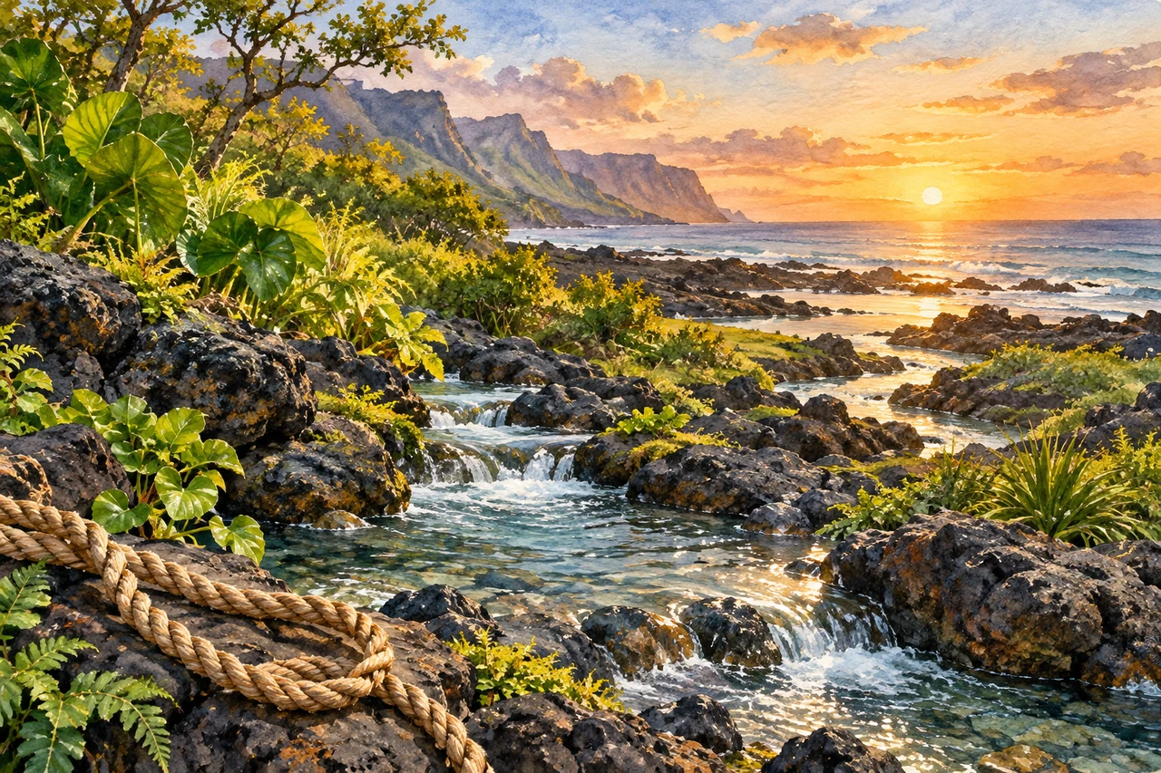 Un manantial entre vegetación y roca volcánica, con el sol sobre la costa y una cuerda en primer plano.
