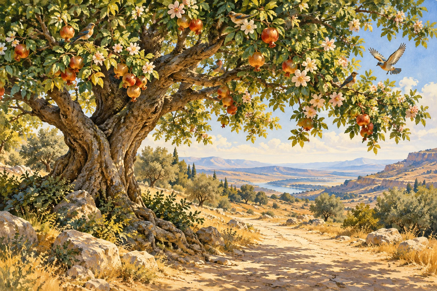 Un árbol con flores, frutos y aves ofrece sombra junto a un sendero en un paisaje soleado.