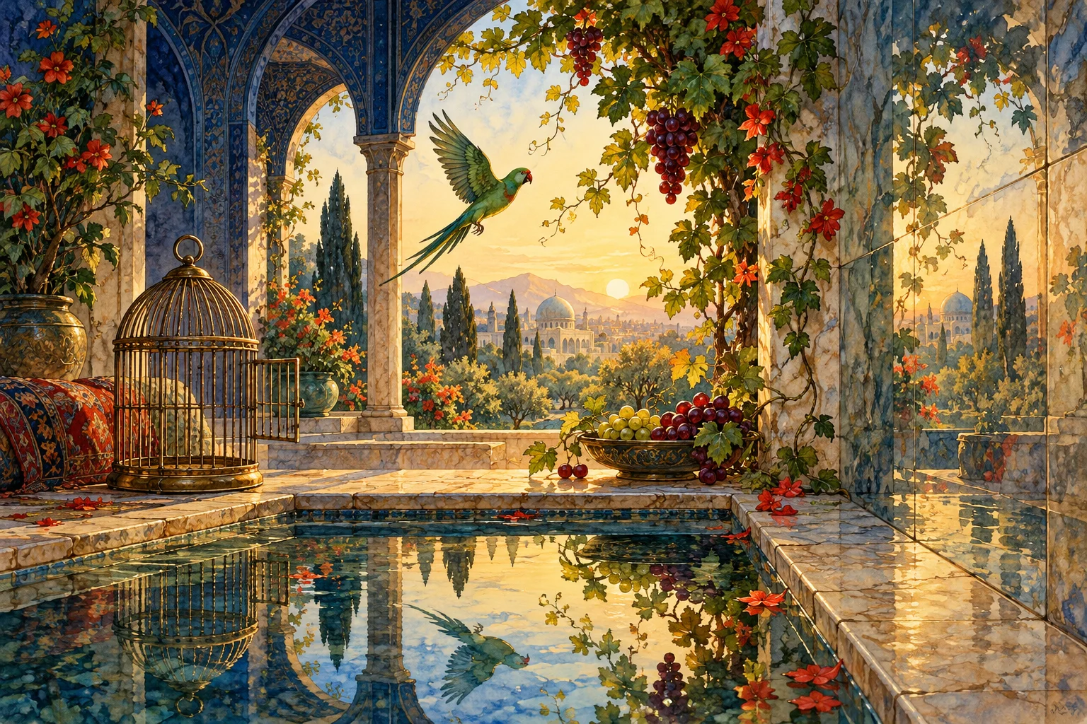 Un loro vuela junto a una jaula abierta, una fuente y un racimo de uvas en un jardín de reflejos.