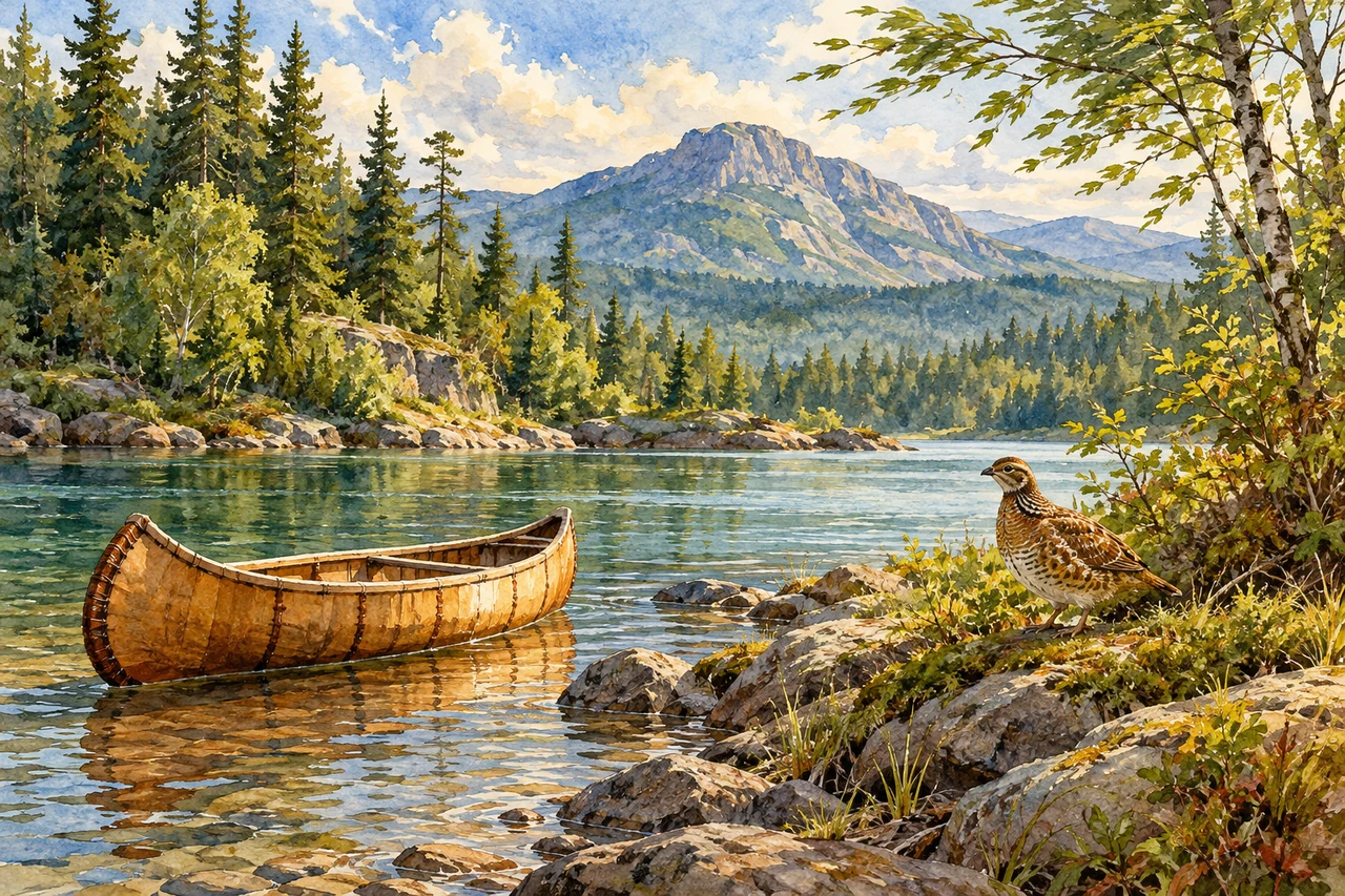 Una perdiz junto a una canoa en una orilla boscosa, con una montaña a lo lejos.