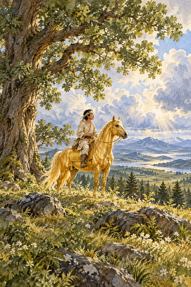 Un viajero monta un caballo de oro al pie de un gran roble, bajo un cielo de nubes.