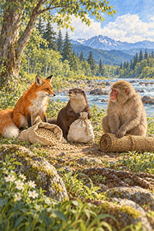 Un zorro, una nutria y un mono se reparten una bolsa de porotos, una bolsa de sal y una estera.