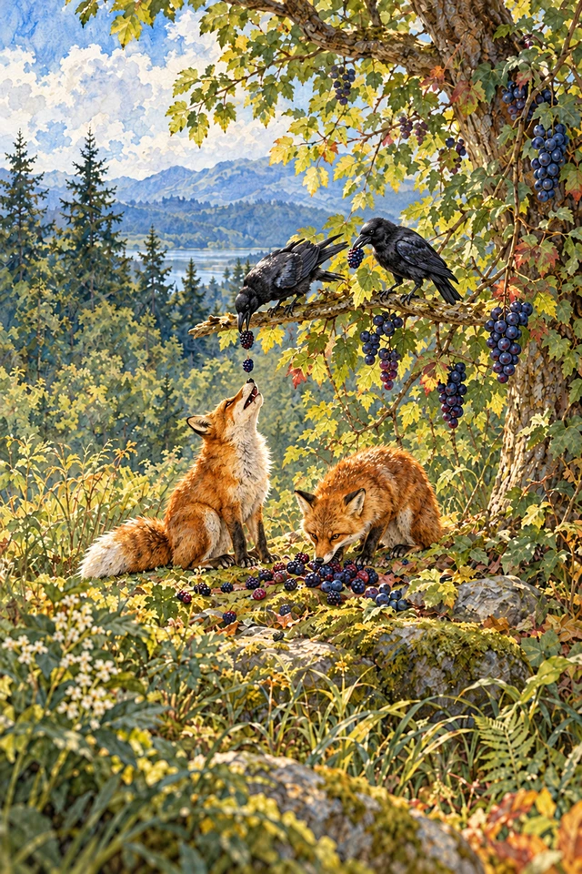 Dos zorros recogen frutos que los cuervos dejan caer desde las ramas de un árbol.