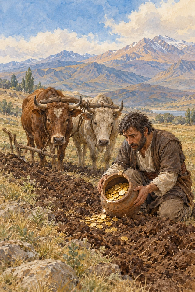 Un campesino contempla la jarra de monedas de oro que su arado desenterró, junto a sus dos bueyes.