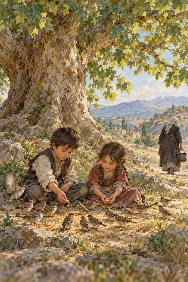 Vart y Vartoohi comen trigo junto a los gorriones bajo un árbol, mientras la anciana se aleja con su olla vacía.