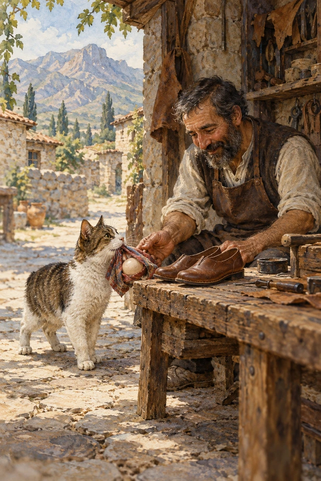 La gata sin cola lleva un huevo al zapatero para cambiarlo por un par de zapatos.