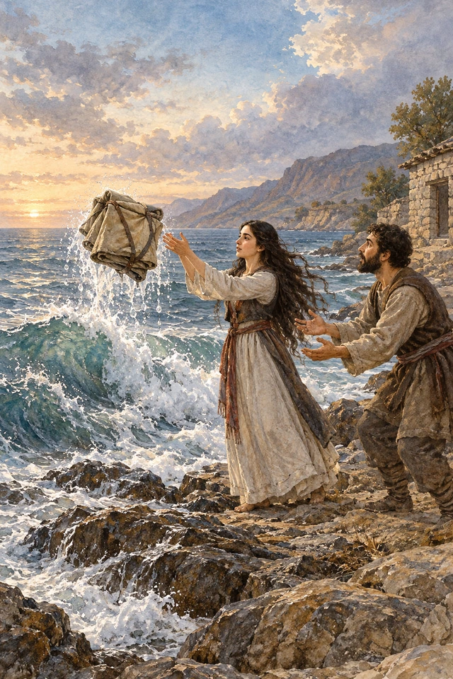 La muchacha llama a su madre desde la costa mientras una tienda plegada emerge del mar ante ella y su esposo.