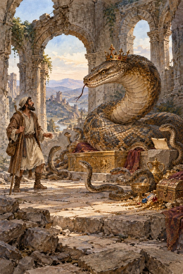 Simón escucha al enorme rey de las serpientes, coronado de joyas sobre su trono entre las ruinas del castillo.