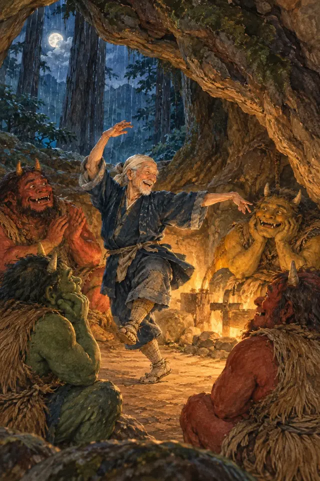 Un leñador japonés baila junto al fuego ante un grupo de oni del bosque.