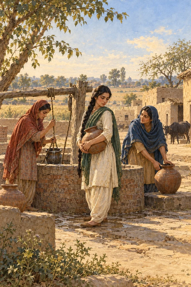 Bopoluchí sostiene un cántaro junto a otras dos jóvenes que sacan agua de un pozo.