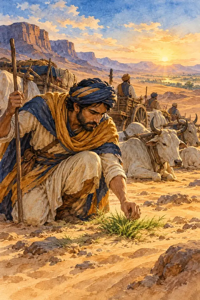 Un viajero descubre una mata de pasto en el desierto junto a una caravana de bueyes.