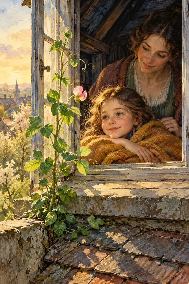 Una niña y su madre miran una planta de arveja que florece junto a la ventana.