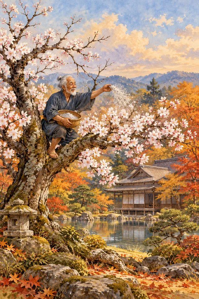 Un anciano esparce cenizas sobre un cerezo, que vuelve a florecer en el jardín del daimio.
