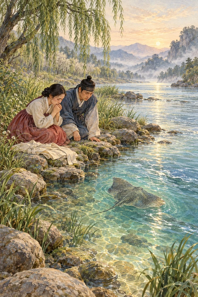 Una raya se aleja por el río mientras dos familiares la observan desde la orilla, junto a las ropas del anciano.