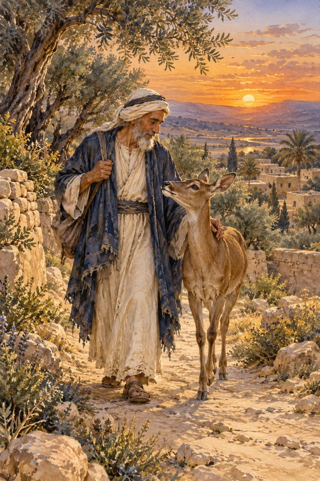 Un anciano camina junto a una cierva por un sendero al atardecer.