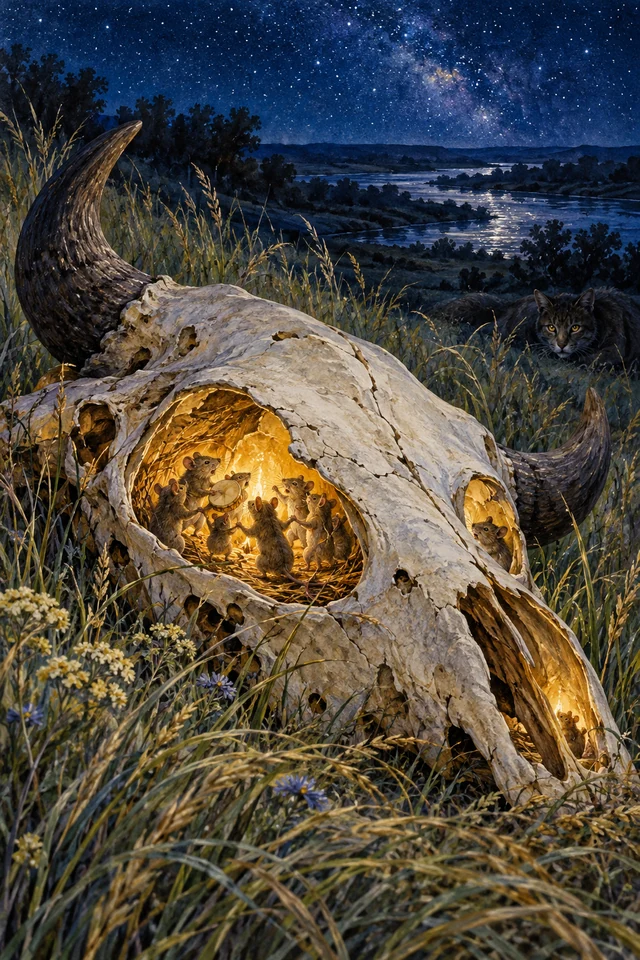 Unos ratones bailan a la luz de una fogata dentro de un cráneo de bisonte en la pradera nocturna.