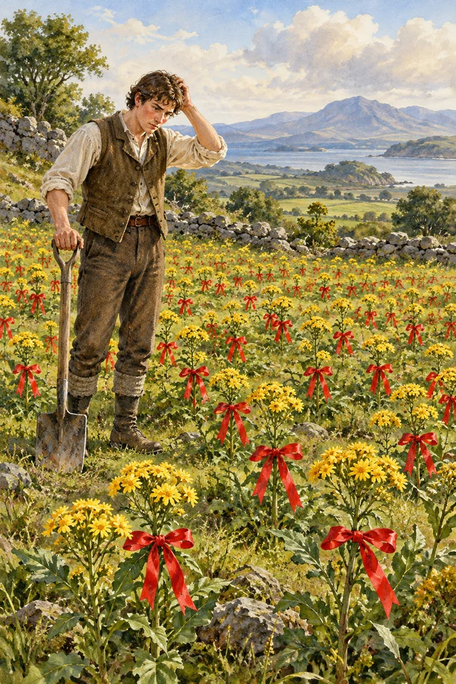 Tom mira un campo lleno de plantas marcadas con cintas rojas iguales.