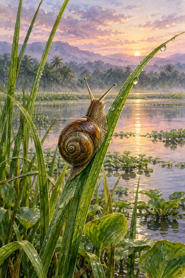 Un caracol trepa por una planta del agua y mira alrededor en busca de sus amigos.
