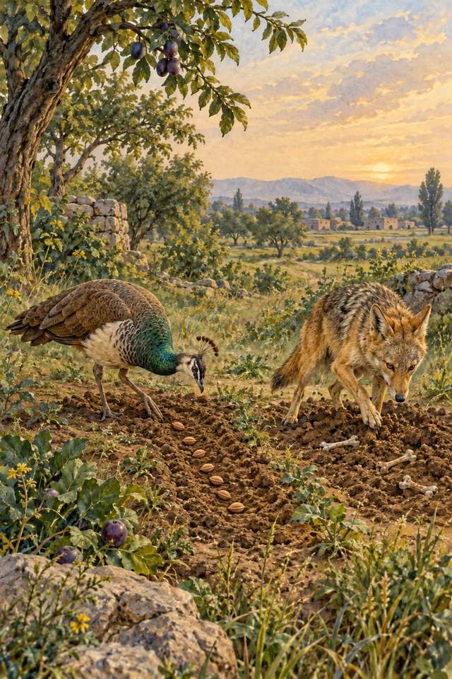 Una pava real planta carozos de ciruela mientras un chacal cava junto a unos huesos.