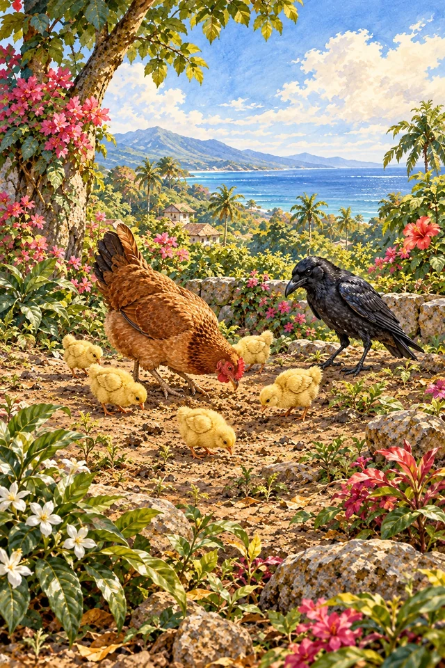 La gallina y sus pollitos buscan en la tierra mientras un cuervo los observa junto a una pared.