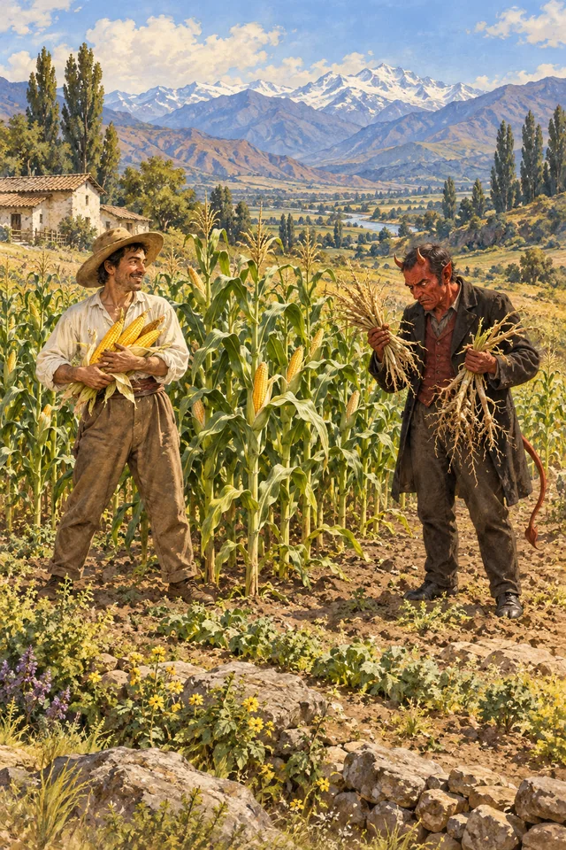 Un campesino conserva los choclos mientras el diablo recibe raíces y puntas del maíz.