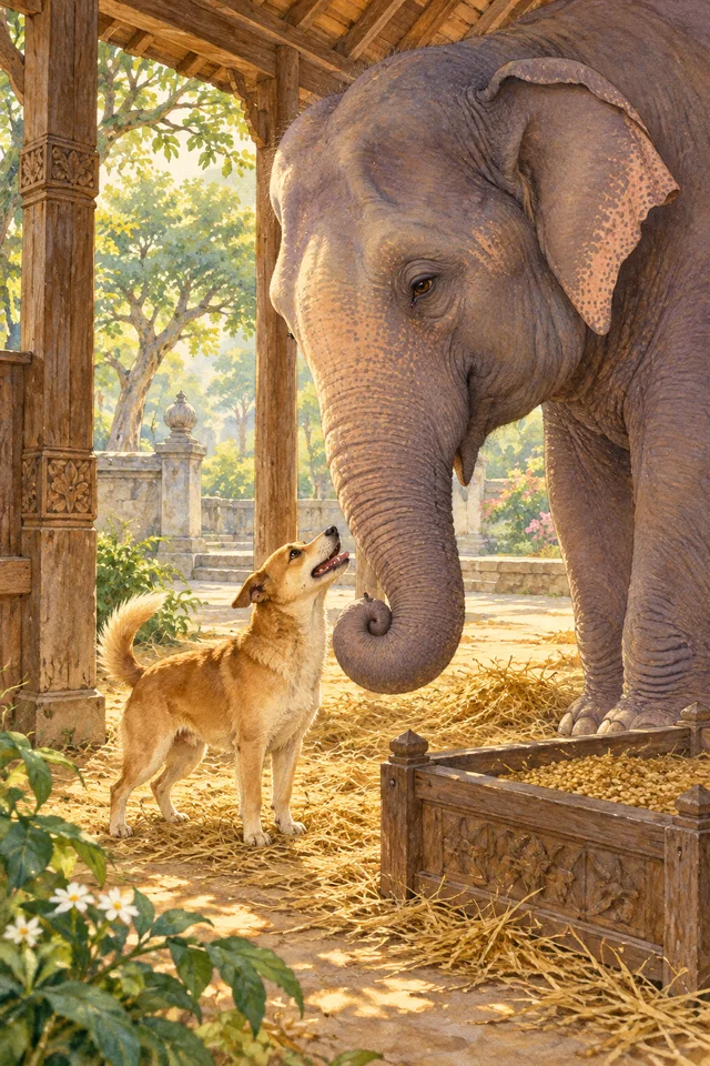 Un elefante inclina la trompa para saludar a su amigo perro en el establo.