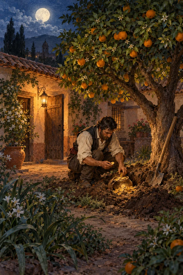 Pedro cava bajo un naranjo y descubre monedas en el patio de su casa.