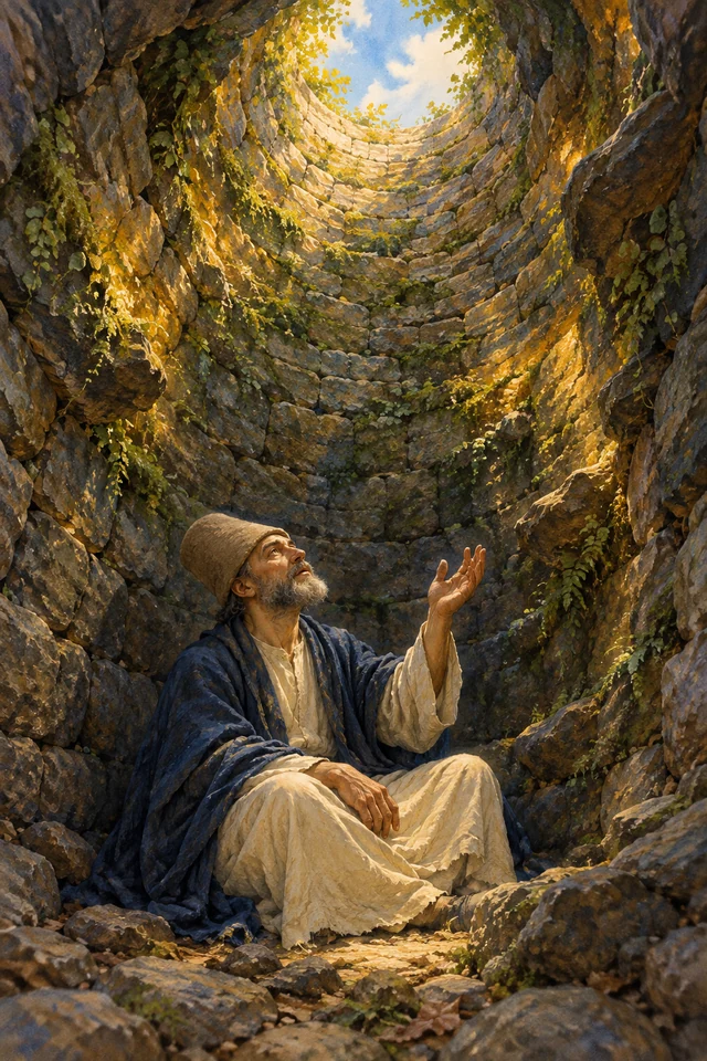 Un derviche mira hacia la luz desde el fondo de un antiguo pozo de piedra.