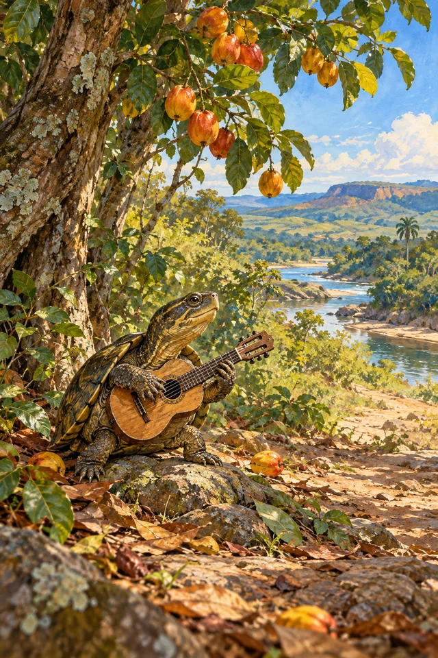Un galápago toca una guitarrita junto al árbol para recordar el nombre de la fruta.
