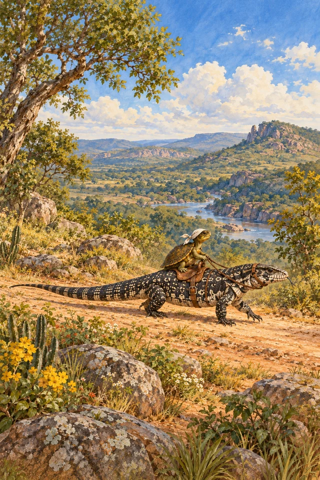 El galápago, con un pañuelo en la cabeza, viaja sobre el teyú ensillado.