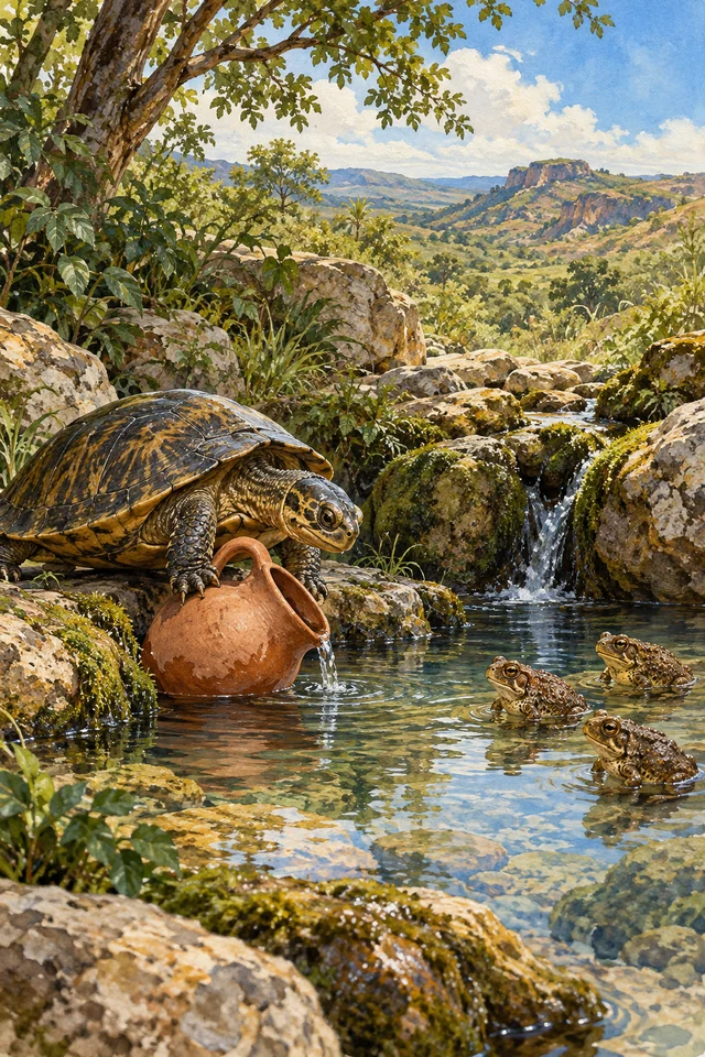 El galápago sostiene un cántaro inclinado junto a los sapitos de la fuente.