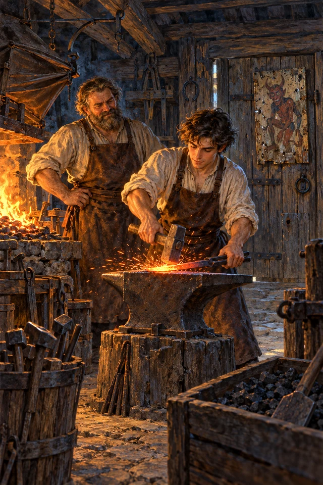 Un herrero observa a su hábil aprendiz junto a la fragua y la imagen golpeada del demonio.