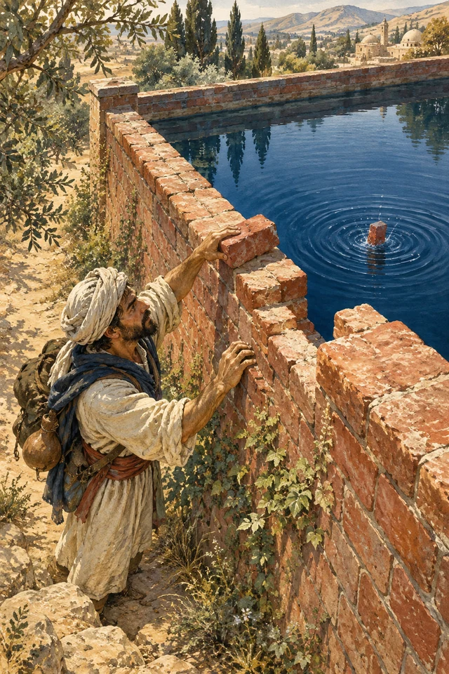 Un viajero retira ladrillos de un muro mientras se forman círculos en el agua del otro lado.