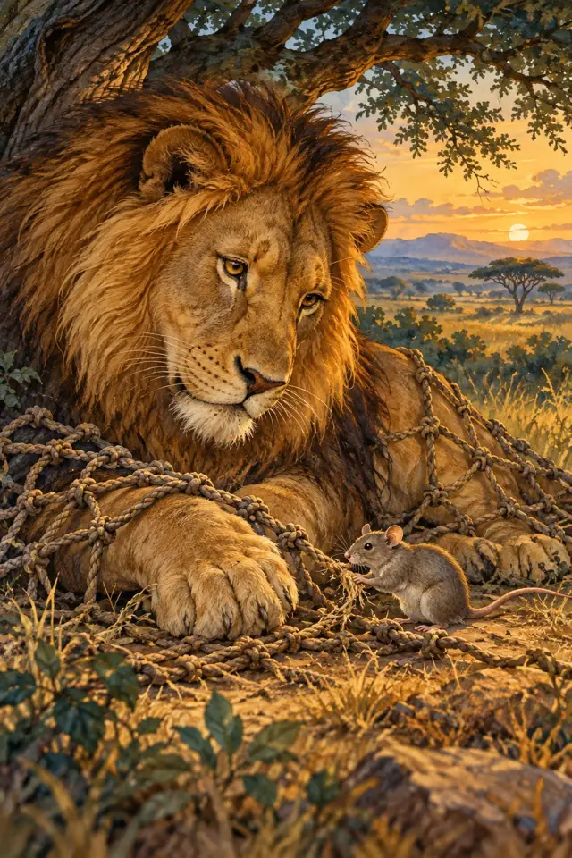 Un ratón roe la red que rodea a un león bajo la luz del atardecer.